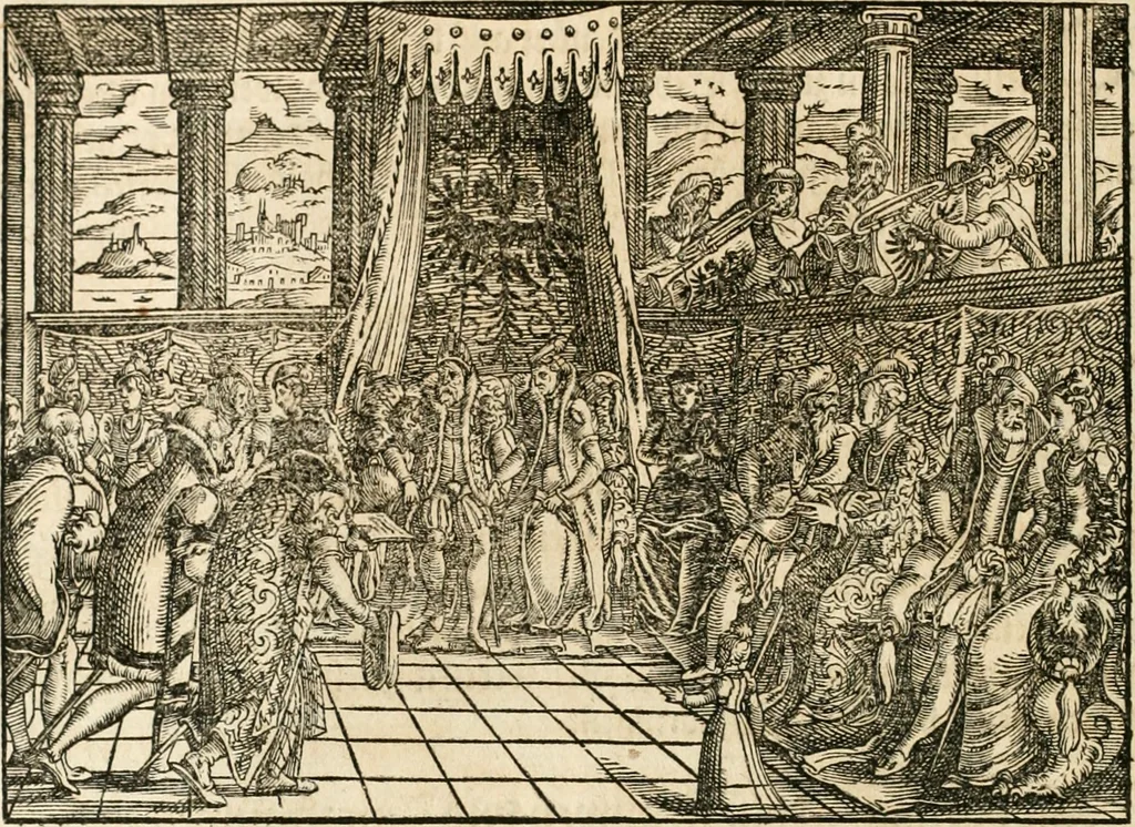 An illustration from Thurnier Buch : von Anfang, Vrsachen, Vrsprung vnd Herkommen der Thurnier im Heyligen Römischen Reich Teutscher Nation, wie viel offentlicher Landthurnier von Keyser Heinrich dem Ersten dieses Namens an biss auff den jetztregierenden Keyser Maximilian den Andern ... vnd in welchen Stetten die alle gehalten ... Alles jetzunder von neuwem zusammen getragen, mit schönen neuwen Figuren, sonderlich auch der adelischen Wappen, auffs schönest zugericht .., 1566, leaf 227