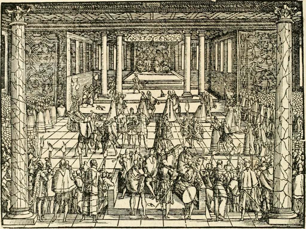 An illustration from Thurnier Buch : von Anfang, Vrsachen, Vrsprung vnd Herkommen der Thurnier im Heyligen Römischen Reich Teutscher Nation, wie viel offentlicher Landthurnier von Keyser Heinrich dem Ersten dieses Namens an biss auff den jetztregierenden Keyser Maximilian den Andern ... vnd in welchen Stetten die alle gehalten ... Alles jetzunder von neuwem zusammen getragen, mit schönen neuwen Figuren, sonderlich auch der adelischen Wappen, auffs schönest zugericht .., 1566, leaf 237