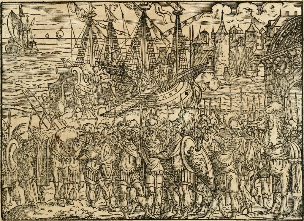 An illustration from Thurnier Buch : von Anfang, Vrsachen, Vrsprung vnd Herkommen der Thurnier im Heyligen Römischen Reich Teutscher Nation, wie viel offentlicher Landthurnier von Keyser Heinrich dem Ersten dieses Namens an biss auff den jetztregierenden Keyser Maximilian den Andern ... vnd in welchen Stetten die alle gehalten ... Alles jetzunder von neuwem zusammen getragen, mit schönen neuwen Figuren, sonderlich auch der adelischen Wappen, auffs schönest zugericht .., 1566, leaf 24