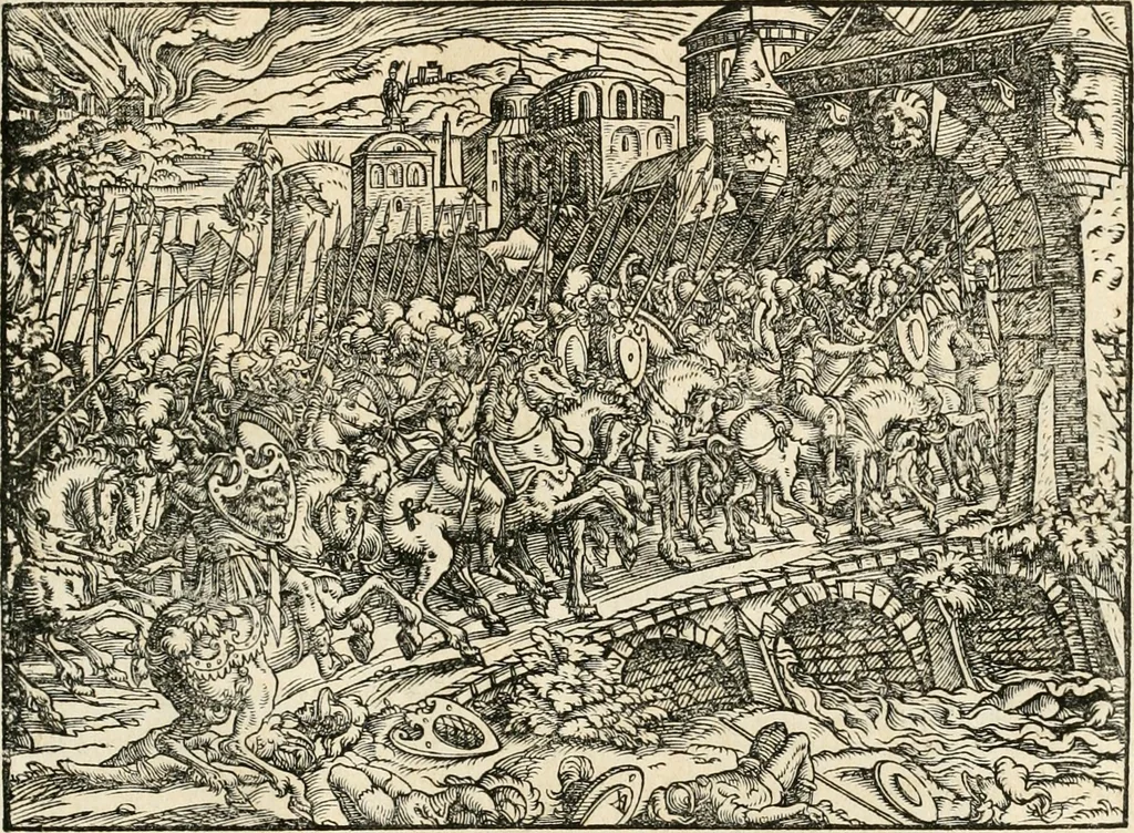 An illustration from Thurnier Buch : von Anfang, Vrsachen, Vrsprung vnd Herkommen der Thurnier im Heyligen Römischen Reich Teutscher Nation, wie viel offentlicher Landthurnier von Keyser Heinrich dem Ersten dieses Namens an biss auff den jetztregierenden Keyser Maximilian den Andern ... vnd in welchen Stetten die alle gehalten ... Alles jetzunder von neuwem zusammen getragen, mit schönen neuwen Figuren, sonderlich auch der adelischen Wappen, auffs schönest zugericht .., 1566, leaf 240