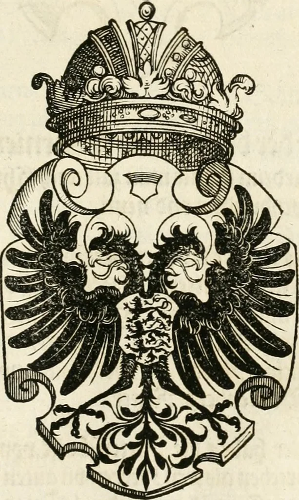 An illustration from Thurnier Buch : von Anfang, Vrsachen, Vrsprung vnd Herkommen der Thurnier im Heyligen Römischen Reich Teutscher Nation, wie viel offentlicher Landthurnier von Keyser Heinrich dem Ersten dieses Namens an biss auff den jetztregierenden Keyser Maximilian den Andern ... vnd in welchen Stetten die alle gehalten ... Alles jetzunder von neuwem zusammen getragen, mit schönen neuwen Figuren, sonderlich auch der adelischen Wappen, auffs schönest zugericht .., 1566, leaf 242
