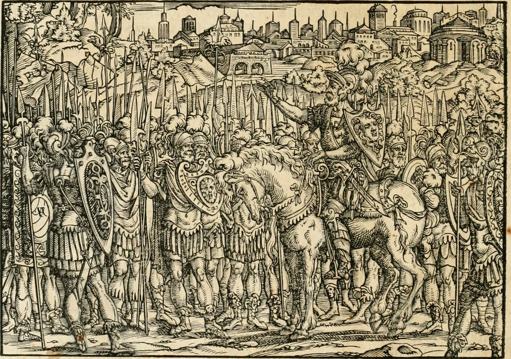 An illustration from Thurnier Buch : von Anfang, Vrsachen, Vrsprung vnd Herkommen der Thurnier im Heyligen Römischen Reich Teutscher Nation, wie viel offentlicher Landthurnier von Keyser Heinrich dem Ersten dieses Namens an biss auff den jetztregierenden Keyser Maximilian den Andern ... vnd in welchen Stetten die alle gehalten ... Alles jetzunder von neuwem zusammen getragen, mit schönen neuwen Figuren, sonderlich auch der adelischen Wappen, auffs schönest zugericht .., 1566, leaf 27