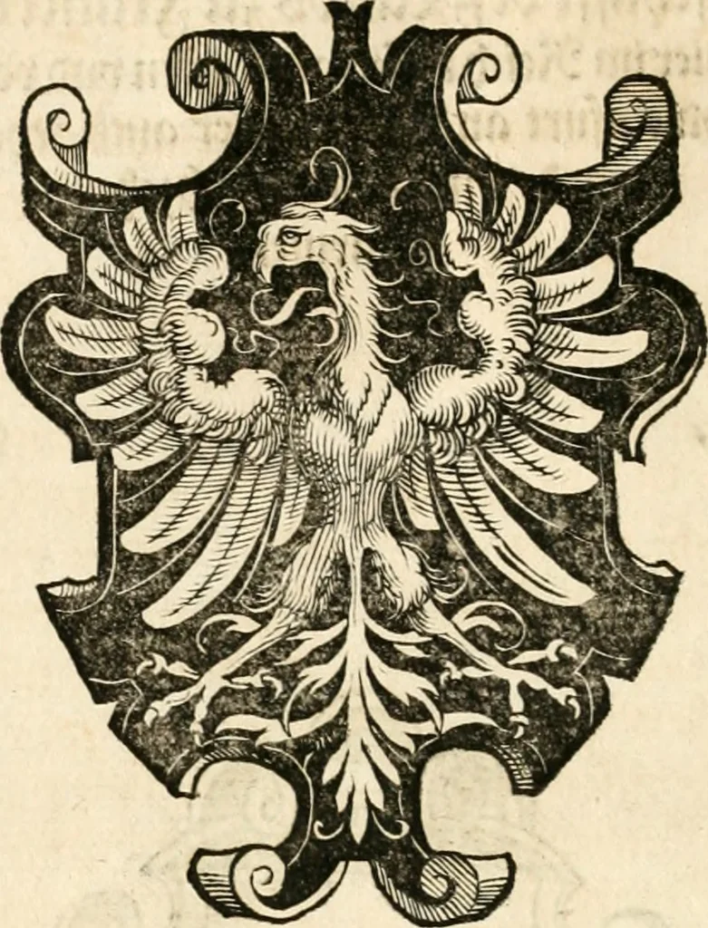 An illustration from Thurnier Buch : von Anfang, Vrsachen, Vrsprung vnd Herkommen der Thurnier im Heyligen Römischen Reich Teutscher Nation, wie viel offentlicher Landthurnier von Keyser Heinrich dem Ersten dieses Namens an biss auff den jetztregierenden Keyser Maximilian den Andern ... vnd in welchen Stetten die alle gehalten ... Alles jetzunder von neuwem zusammen getragen, mit schönen neuwen Figuren, sonderlich auch der adelischen Wappen, auffs schönest zugericht .., 1566, leaf 275