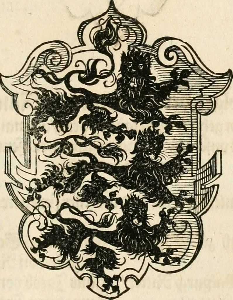 An illustration from Thurnier Buch : von Anfang, Vrsachen, Vrsprung vnd Herkommen der Thurnier im Heyligen Römischen Reich Teutscher Nation, wie viel offentlicher Landthurnier von Keyser Heinrich dem Ersten dieses Namens an biss auff den jetztregierenden Keyser Maximilian den Andern ... vnd in welchen Stetten die alle gehalten ... Alles jetzunder von neuwem zusammen getragen, mit schönen neuwen Figuren, sonderlich auch der adelischen Wappen, auffs schönest zugericht .., 1566, leaf 282