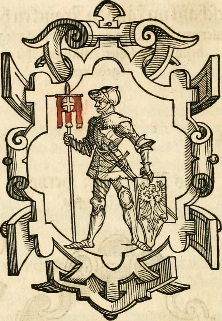 An illustration from Thurnier Buch : von Anfang, Vrsachen, Vrsprung vnd Herkommen der Thurnier im Heyligen Römischen Reich Teutscher Nation, wie viel offentlicher Landthurnier von Keyser Heinrich dem Ersten dieses Namens an biss auff den jetztregierenden Keyser Maximilian den Andern ... vnd in welchen Stetten die alle gehalten ... Alles jetzunder von neuwem zusammen getragen, mit schönen neuwen Figuren, sonderlich auch der adelischen Wappen, auffs schönest zugericht .., 1566, leaf 297