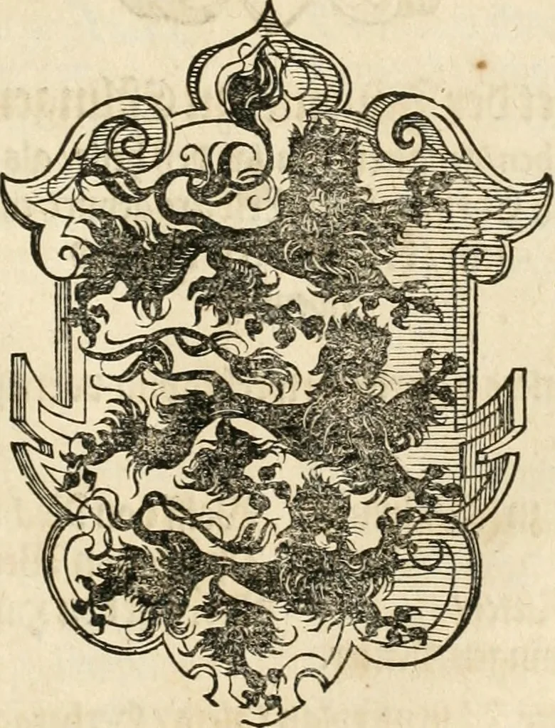 An illustration from Thurnier Buch : von Anfang, Vrsachen, Vrsprung vnd Herkommen der Thurnier im Heyligen Römischen Reich Teutscher Nation, wie viel offentlicher Landthurnier von Keyser Heinrich dem Ersten dieses Namens an biss auff den jetztregierenden Keyser Maximilian den Andern ... vnd in welchen Stetten die alle gehalten ... Alles jetzunder von neuwem zusammen getragen, mit schönen neuwen Figuren, sonderlich auch der adelischen Wappen, auffs schönest zugericht .., 1566, leaf 306