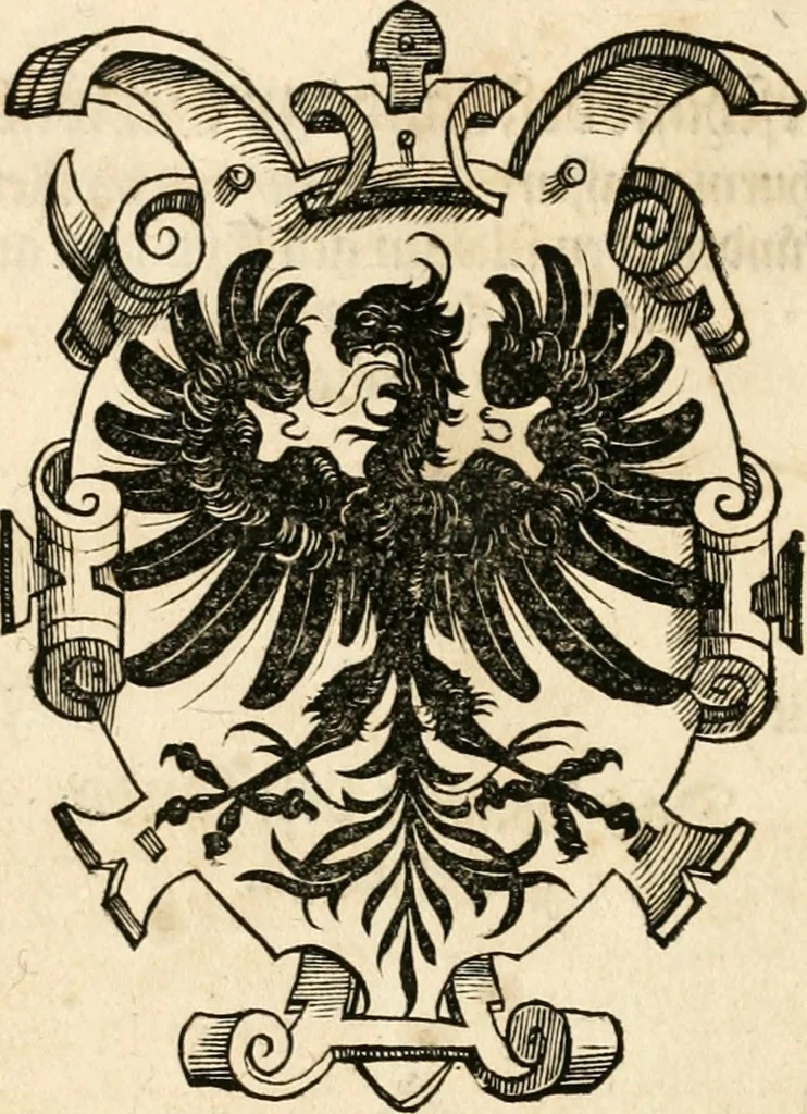 An illustration from Thurnier Buch : von Anfang, Vrsachen, Vrsprung vnd Herkommen der Thurnier im Heyligen Römischen Reich Teutscher Nation, wie viel offentlicher Landthurnier von Keyser Heinrich dem Ersten dieses Namens an biss auff den jetztregierenden Keyser Maximilian den Andern ... vnd in welchen Stetten die alle gehalten ... Alles jetzunder von neuwem zusammen getragen, mit schönen neuwen Figuren, sonderlich auch der adelischen Wappen, auffs schönest zugericht .., 1566, leaf 307