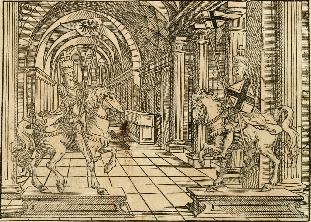 An illustration from Thurnier Buch : von Anfang, Vrsachen, Vrsprung vnd Herkommen der Thurnier im Heyligen Römischen Reich Teutscher Nation, wie viel offentlicher Landthurnier von Keyser Heinrich dem Ersten dieses Namens an biss auff den jetztregierenden Keyser Maximilian den Andern ... vnd in welchen Stetten die alle gehalten ... Alles jetzunder von neuwem zusammen getragen, mit schönen neuwen Figuren, sonderlich auch der adelischen Wappen, auffs schönest zugericht .., 1566, leaf 31