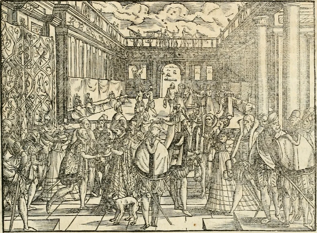 An illustration from Thurnier Buch : von Anfang, Vrsachen, Vrsprung vnd Herkommen der Thurnier im Heyligen Römischen Reich Teutscher Nation, wie viel offentlicher Landthurnier von Keyser Heinrich dem Ersten dieses Namens an biss auff den jetztregierenden Keyser Maximilian den Andern ... vnd in welchen Stetten die alle gehalten ... Alles jetzunder von neuwem zusammen getragen, mit schönen neuwen Figuren, sonderlich auch der adelischen Wappen, auffs schönest zugericht .., 1566, leaf 314