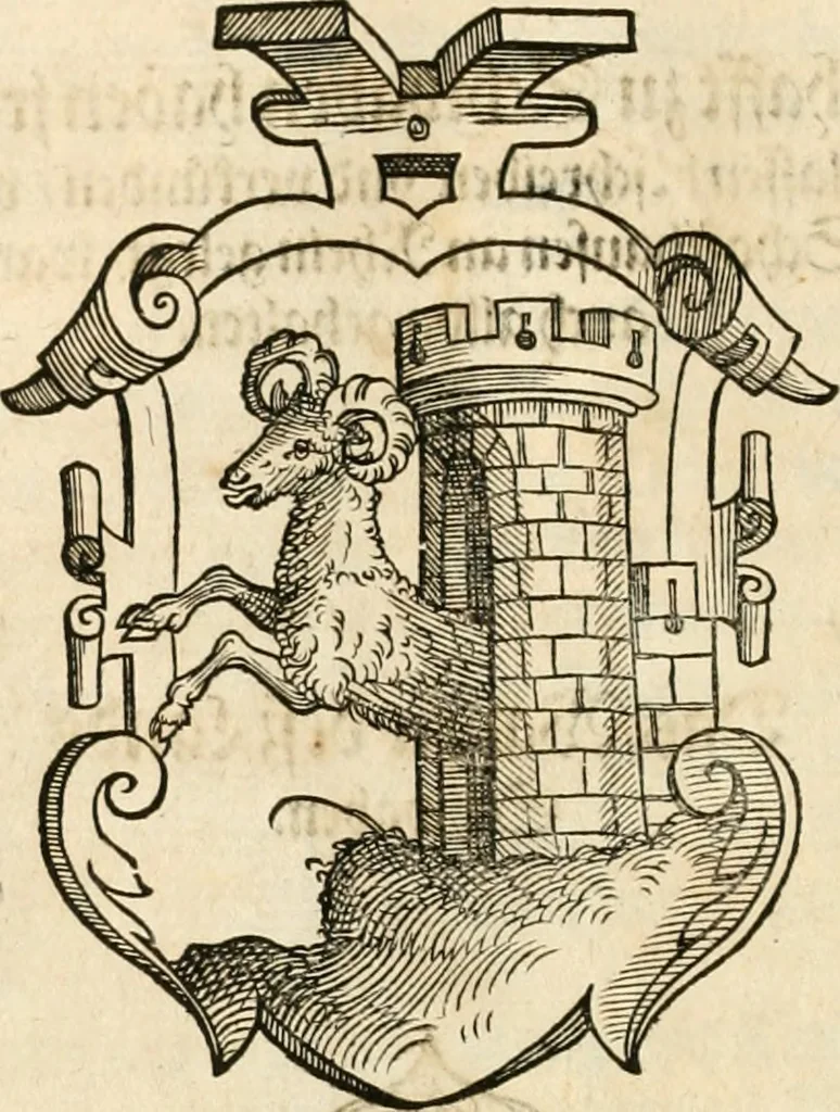 An illustration from Thurnier Buch : von Anfang, Vrsachen, Vrsprung vnd Herkommen der Thurnier im Heyligen Römischen Reich Teutscher Nation, wie viel offentlicher Landthurnier von Keyser Heinrich dem Ersten dieses Namens an biss auff den jetztregierenden Keyser Maximilian den Andern ... vnd in welchen Stetten die alle gehalten ... Alles jetzunder von neuwem zusammen getragen, mit schönen neuwen Figuren, sonderlich auch der adelischen Wappen, auffs schönest zugericht .., 1566, leaf 317