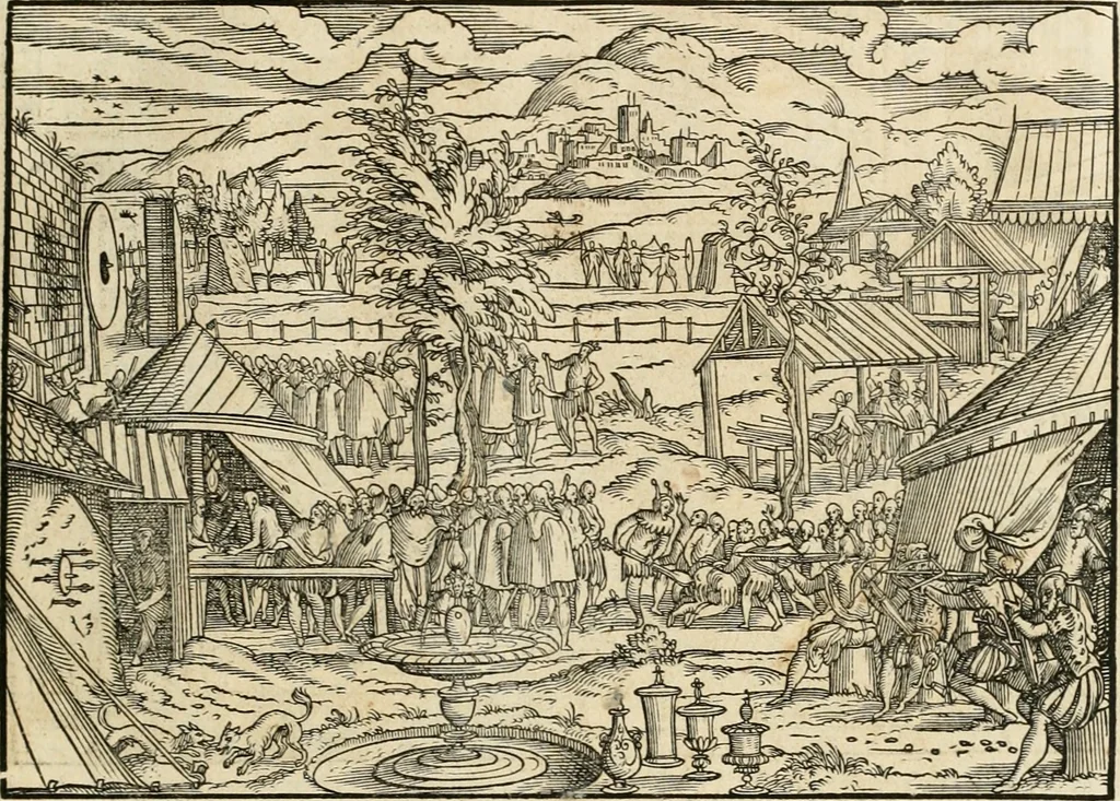 An illustration from Thurnier Buch : von Anfang, Vrsachen, Vrsprung vnd Herkommen der Thurnier im Heyligen Römischen Reich Teutscher Nation, wie viel offentlicher Landthurnier von Keyser Heinrich dem Ersten dieses Namens an biss auff den jetztregierenden Keyser Maximilian den Andern ... vnd in welchen Stetten die alle gehalten ... Alles jetzunder von neuwem zusammen getragen, mit schönen neuwen Figuren, sonderlich auch der adelischen Wappen, auffs schönest zugericht .., 1566, leaf 32