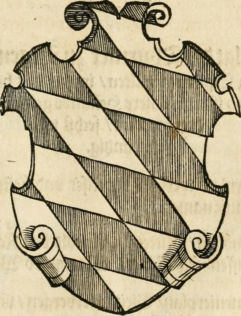An illustration from Thurnier Buch : von Anfang, Vrsachen, Vrsprung vnd Herkommen der Thurnier im Heyligen Römischen Reich Teutscher Nation, wie viel offentlicher Landthurnier von Keyser Heinrich dem Ersten dieses Namens an biss auff den jetztregierenden Keyser Maximilian den Andern ... vnd in welchen Stetten die alle gehalten ... Alles jetzunder von neuwem zusammen getragen, mit schönen neuwen Figuren, sonderlich auch der adelischen Wappen, auffs schönest zugericht .., 1566, leaf 326