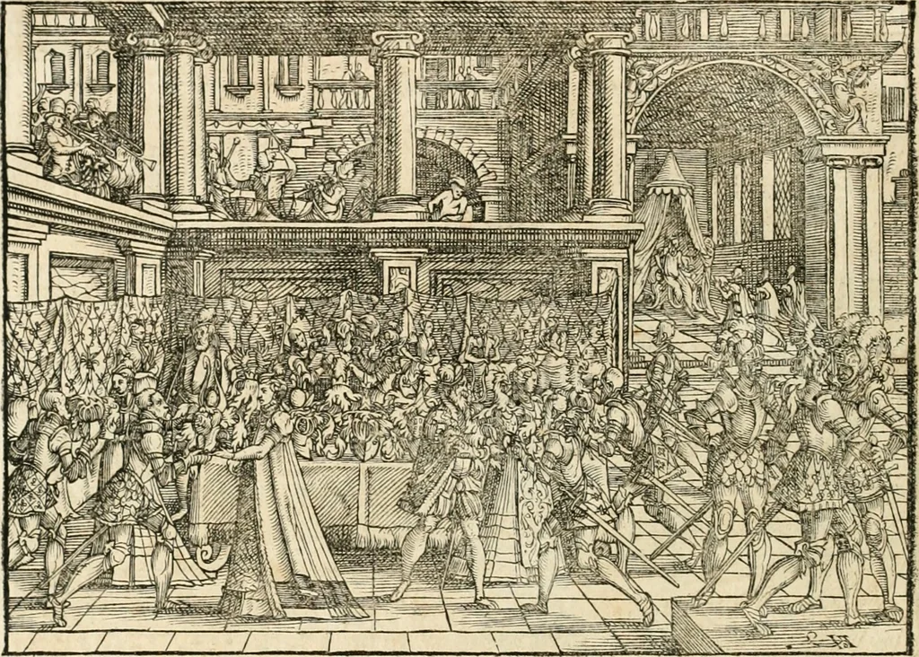 An illustration from Thurnier Buch : von Anfang, Vrsachen, Vrsprung vnd Herkommen der Thurnier im Heyligen Römischen Reich Teutscher Nation, wie viel offentlicher Landthurnier von Keyser Heinrich dem Ersten dieses Namens an biss auff den jetztregierenden Keyser Maximilian den Andern ... vnd in welchen Stetten die alle gehalten ... Alles jetzunder von neuwem zusammen getragen, mit schönen neuwen Figuren, sonderlich auch der adelischen Wappen, auffs schönest zugericht .., 1566, leaf 33