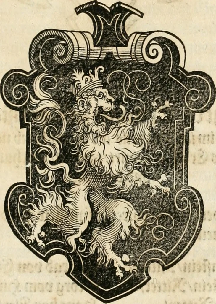 An illustration from Thurnier Buch : von Anfang, Vrsachen, Vrsprung vnd Herkommen der Thurnier im Heyligen Römischen Reich Teutscher Nation, wie viel offentlicher Landthurnier von Keyser Heinrich dem Ersten dieses Namens an biss auff den jetztregierenden Keyser Maximilian den Andern ... vnd in welchen Stetten die alle gehalten ... Alles jetzunder von neuwem zusammen getragen, mit schönen neuwen Figuren, sonderlich auch der adelischen Wappen, auffs schönest zugericht .., 1566, leaf 334