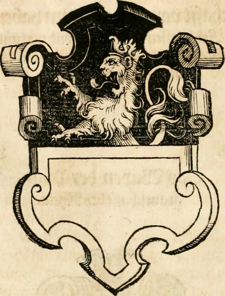 An illustration from Thurnier Buch : von Anfang, Vrsachen, Vrsprung vnd Herkommen der Thurnier im Heyligen Römischen Reich Teutscher Nation, wie viel offentlicher Landthurnier von Keyser Heinrich dem Ersten dieses Namens an biss auff den jetztregierenden Keyser Maximilian den Andern ... vnd in welchen Stetten die alle gehalten ... Alles jetzunder von neuwem zusammen getragen, mit schönen neuwen Figuren, sonderlich auch der adelischen Wappen, auffs schönest zugericht .., 1566, leaf 335