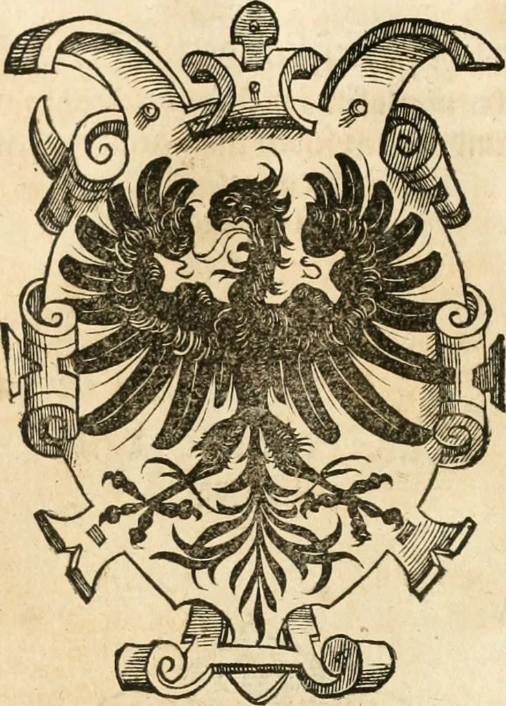 An illustration from Thurnier Buch : von Anfang, Vrsachen, Vrsprung vnd Herkommen der Thurnier im Heyligen Römischen Reich Teutscher Nation, wie viel offentlicher Landthurnier von Keyser Heinrich dem Ersten dieses Namens an biss auff den jetztregierenden Keyser Maximilian den Andern ... vnd in welchen Stetten die alle gehalten ... Alles jetzunder von neuwem zusammen getragen, mit schönen neuwen Figuren, sonderlich auch der adelischen Wappen, auffs schönest zugericht .., 1566, leaf 345