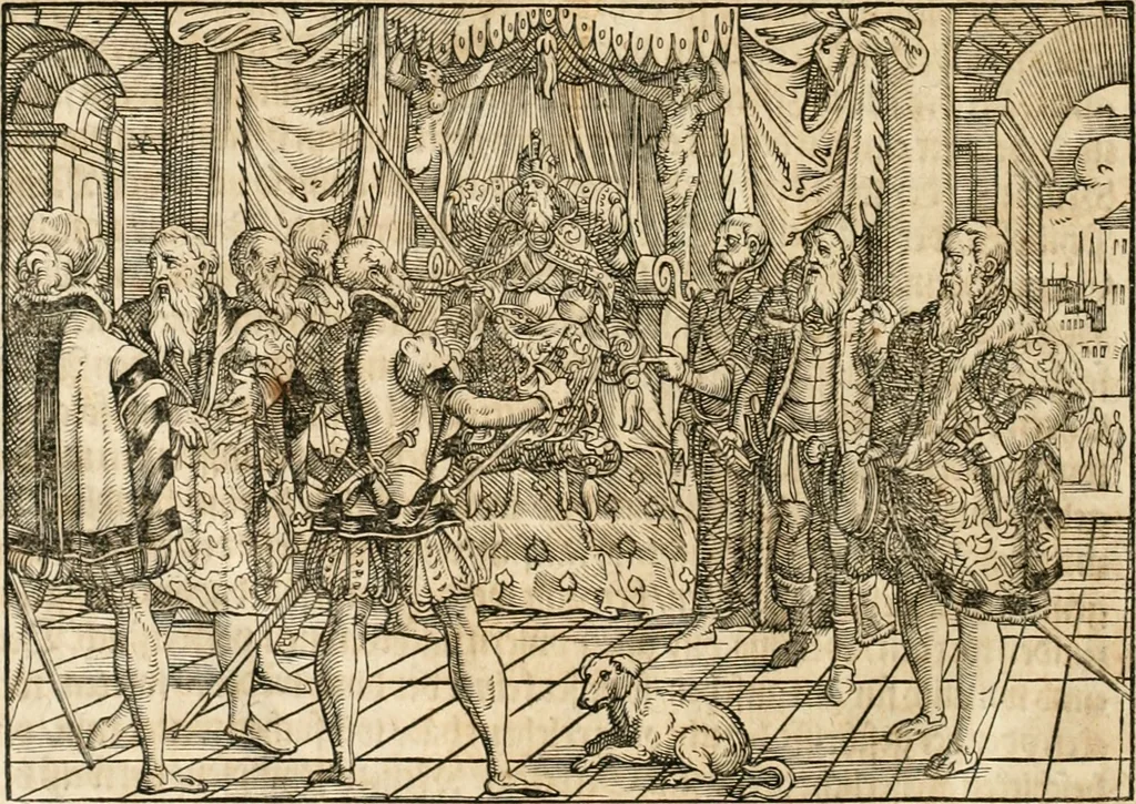 An illustration from Thurnier Buch : von Anfang, Vrsachen, Vrsprung vnd Herkommen der Thurnier im Heyligen Römischen Reich Teutscher Nation, wie viel offentlicher Landthurnier von Keyser Heinrich dem Ersten dieses Namens an biss auff den jetztregierenden Keyser Maximilian den Andern ... vnd in welchen Stetten die alle gehalten ... Alles jetzunder von neuwem zusammen getragen, mit schönen neuwen Figuren, sonderlich auch der adelischen Wappen, auffs schönest zugericht .., 1566, leaf 35