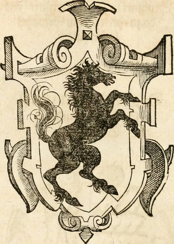 An illustration from Thurnier Buch : von Anfang, Vrsachen, Vrsprung vnd Herkommen der Thurnier im Heyligen Römischen Reich Teutscher Nation, wie viel offentlicher Landthurnier von Keyser Heinrich dem Ersten dieses Namens an biss auff den jetztregierenden Keyser Maximilian den Andern ... vnd in welchen Stetten die alle gehalten ... Alles jetzunder von neuwem zusammen getragen, mit schönen neuwen Figuren, sonderlich auch der adelischen Wappen, auffs schönest zugericht .., 1566, leaf 359
