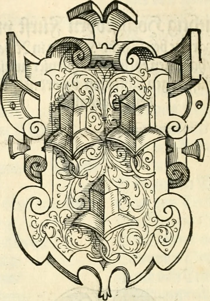 An illustration from Thurnier Buch : von Anfang, Vrsachen, Vrsprung vnd Herkommen der Thurnier im Heyligen Römischen Reich Teutscher Nation, wie viel offentlicher Landthurnier von Keyser Heinrich dem Ersten dieses Namens an biss auff den jetztregierenden Keyser Maximilian den Andern ... vnd in welchen Stetten die alle gehalten ... Alles jetzunder von neuwem zusammen getragen, mit schönen neuwen Figuren, sonderlich auch der adelischen Wappen, auffs schönest zugericht .., 1566, leaf 367