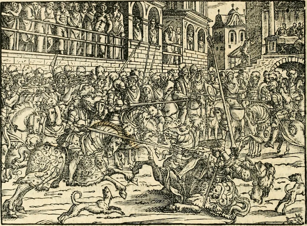 An illustration from Thurnier Buch : von Anfang, Vrsachen, Vrsprung vnd Herkommen der Thurnier im Heyligen Römischen Reich Teutscher Nation, wie viel offentlicher Landthurnier von Keyser Heinrich dem Ersten dieses Namens an biss auff den jetztregierenden Keyser Maximilian den Andern ... vnd in welchen Stetten die alle gehalten ... Alles jetzunder von neuwem zusammen getragen, mit schönen neuwen Figuren, sonderlich auch der adelischen Wappen, auffs schönest zugericht .., 1566, leaf 373
