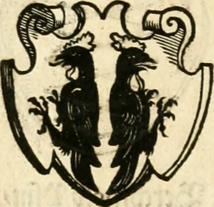 An illustration from Thurnier Buch : von Anfang, Vrsachen, Vrsprung vnd Herkommen der Thurnier im Heyligen Römischen Reich Teutscher Nation, wie viel offentlicher Landthurnier von Keyser Heinrich dem Ersten dieses Namens an biss auff den jetztregierenden Keyser Maximilian den Andern ... vnd in welchen Stetten die alle gehalten ... Alles jetzunder von neuwem zusammen getragen, mit schönen neuwen Figuren, sonderlich auch der adelischen Wappen, auffs schönest zugericht .., 1566, leaf 377