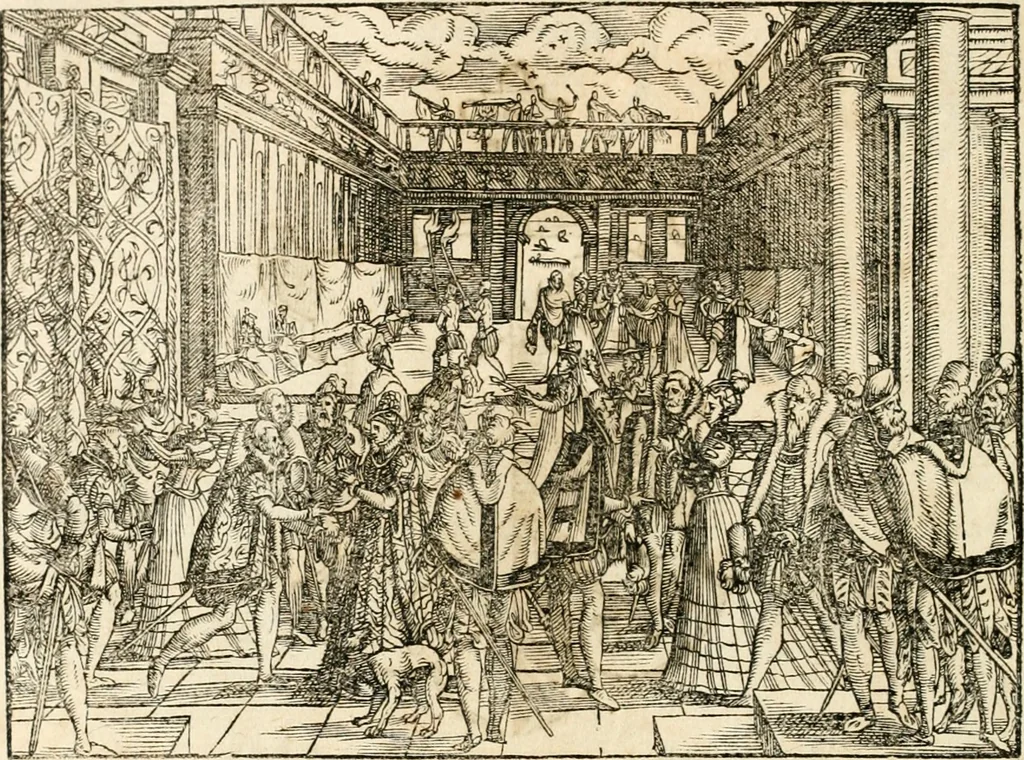 An illustration from Thurnier Buch : von Anfang, Vrsachen, Vrsprung vnd Herkommen der Thurnier im Heyligen Römischen Reich Teutscher Nation, wie viel offentlicher Landthurnier von Keyser Heinrich dem Ersten dieses Namens an biss auff den jetztregierenden Keyser Maximilian den Andern ... vnd in welchen Stetten die alle gehalten ... Alles jetzunder von neuwem zusammen getragen, mit schönen neuwen Figuren, sonderlich auch der adelischen Wappen, auffs schönest zugericht .., 1566, leaf 379
