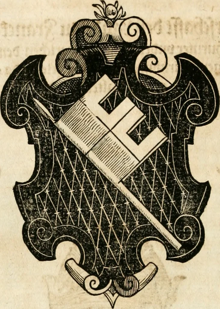 An illustration from Thurnier Buch : von Anfang, Vrsachen, Vrsprung vnd Herkommen der Thurnier im Heyligen Römischen Reich Teutscher Nation, wie viel offentlicher Landthurnier von Keyser Heinrich dem Ersten dieses Namens an biss auff den jetztregierenden Keyser Maximilian den Andern ... vnd in welchen Stetten die alle gehalten ... Alles jetzunder von neuwem zusammen getragen, mit schönen neuwen Figuren, sonderlich auch der adelischen Wappen, auffs schönest zugericht .., 1566, leaf 381