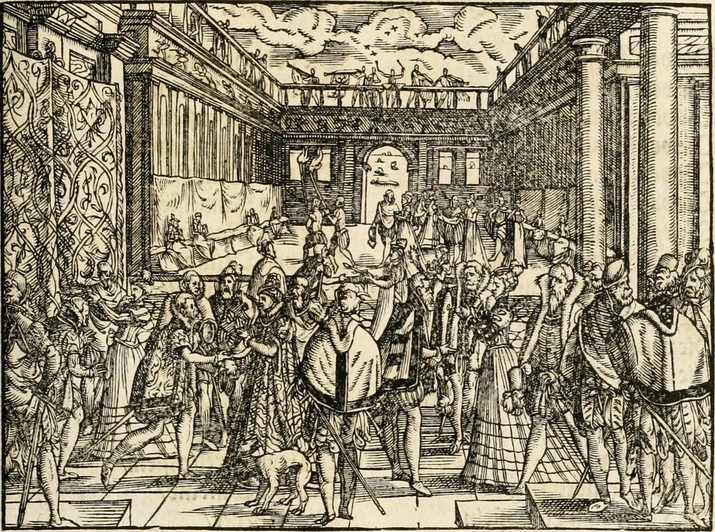 An illustration from Thurnier Buch : von Anfang, Vrsachen, Vrsprung vnd Herkommen der Thurnier im Heyligen Römischen Reich Teutscher Nation, wie viel offentlicher Landthurnier von Keyser Heinrich dem Ersten dieses Namens an biss auff den jetztregierenden Keyser Maximilian den Andern ... vnd in welchen Stetten die alle gehalten ... Alles jetzunder von neuwem zusammen getragen, mit schönen neuwen Figuren, sonderlich auch der adelischen Wappen, auffs schönest zugericht .., 1566, leaf 390