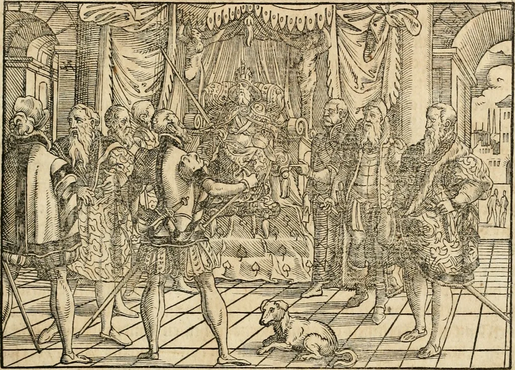 An illustration from Thurnier Buch : von Anfang, Vrsachen, Vrsprung vnd Herkommen der Thurnier im Heyligen Römischen Reich Teutscher Nation, wie viel offentlicher Landthurnier von Keyser Heinrich dem Ersten dieses Namens an biss auff den jetztregierenden Keyser Maximilian den Andern ... vnd in welchen Stetten die alle gehalten ... Alles jetzunder von neuwem zusammen getragen, mit schönen neuwen Figuren, sonderlich auch der adelischen Wappen, auffs schönest zugericht .., 1566, leaf 40