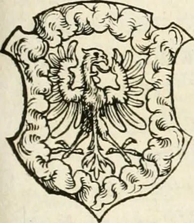 An illustration from Thurnier Buch : von Anfang, Vrsachen, Vrsprung vnd Herkommen der Thurnier im Heyligen Römischen Reich Teutscher Nation, wie viel offentlicher Landthurnier von Keyser Heinrich dem Ersten dieses Namens an biss auff den jetztregierenden Keyser Maximilian den Andern ... vnd in welchen Stetten die alle gehalten ... Alles jetzunder von neuwem zusammen getragen, mit schönen neuwen Figuren, sonderlich auch der adelischen Wappen, auffs schönest zugericht .., 1566, leaf 404
