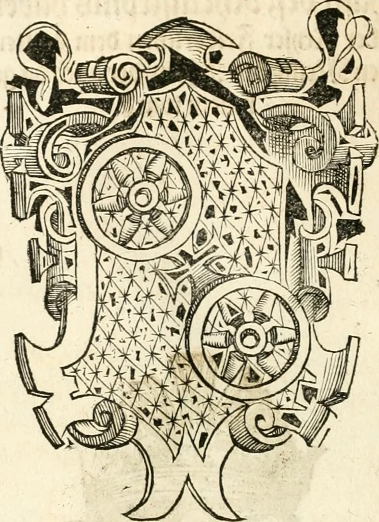 An illustration from Thurnier Buch : von Anfang, Vrsachen, Vrsprung vnd Herkommen der Thurnier im Heyligen Römischen Reich Teutscher Nation, wie viel offentlicher Landthurnier von Keyser Heinrich dem Ersten dieses Namens an biss auff den jetztregierenden Keyser Maximilian den Andern ... vnd in welchen Stetten die alle gehalten ... Alles jetzunder von neuwem zusammen getragen, mit schönen neuwen Figuren, sonderlich auch der adelischen Wappen, auffs schönest zugericht .., 1566, leaf 405