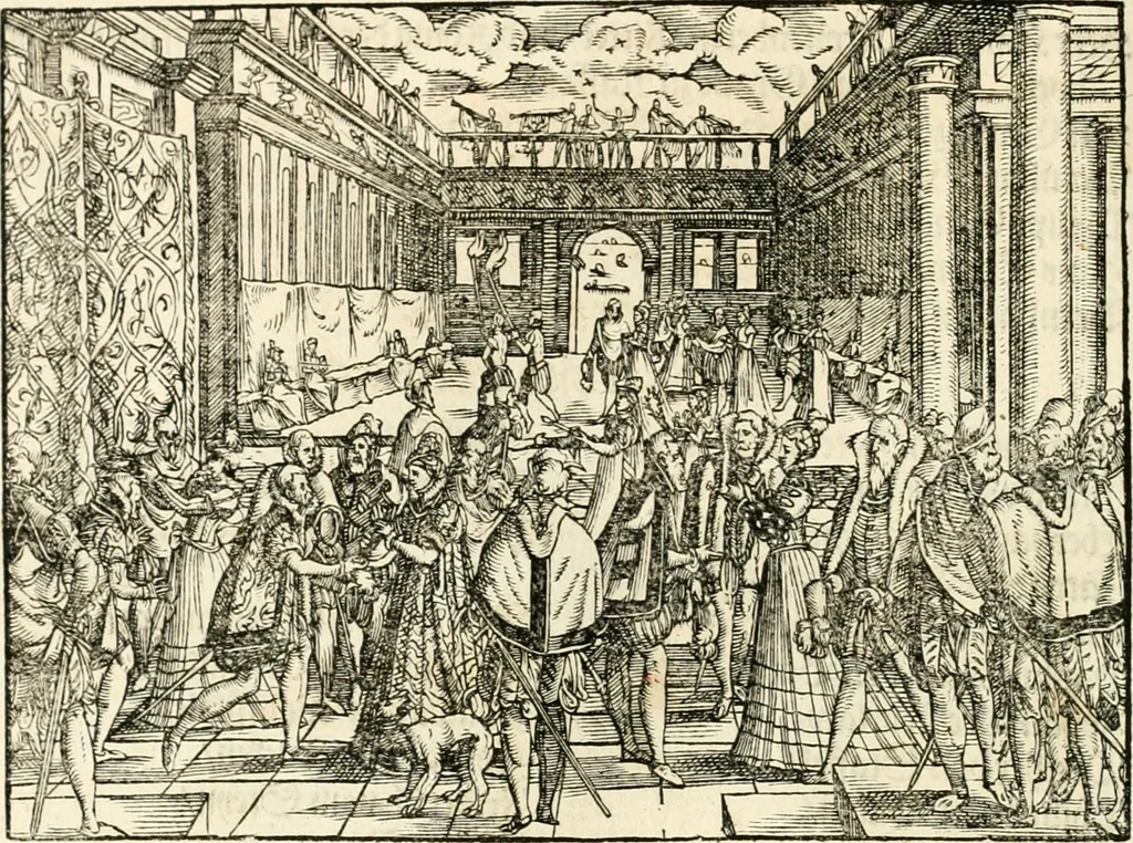 An illustration from Thurnier Buch : von Anfang, Vrsachen, Vrsprung vnd Herkommen der Thurnier im Heyligen Römischen Reich Teutscher Nation, wie viel offentlicher Landthurnier von Keyser Heinrich dem Ersten dieses Namens an biss auff den jetztregierenden Keyser Maximilian den Andern ... vnd in welchen Stetten die alle gehalten ... Alles jetzunder von neuwem zusammen getragen, mit schönen neuwen Figuren, sonderlich auch der adelischen Wappen, auffs schönest zugericht .., 1566, leaf 407