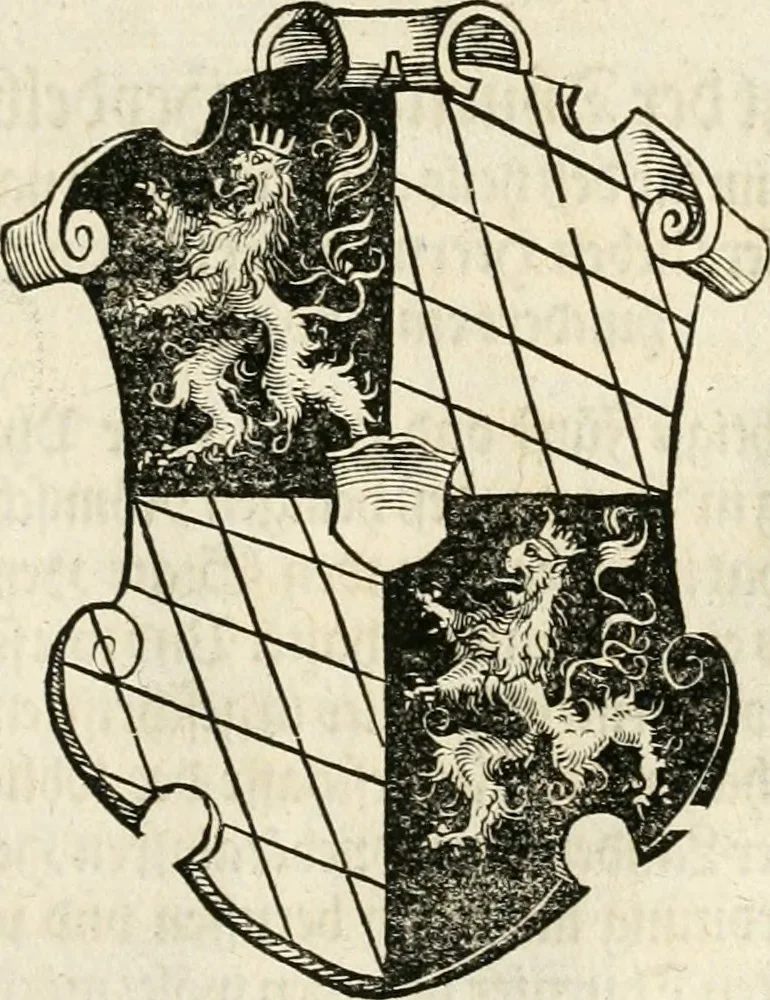 An illustration from Thurnier Buch : von Anfang, Vrsachen, Vrsprung vnd Herkommen der Thurnier im Heyligen Römischen Reich Teutscher Nation, wie viel offentlicher Landthurnier von Keyser Heinrich dem Ersten dieses Namens an biss auff den jetztregierenden Keyser Maximilian den Andern ... vnd in welchen Stetten die alle gehalten ... Alles jetzunder von neuwem zusammen getragen, mit schönen neuwen Figuren, sonderlich auch der adelischen Wappen, auffs schönest zugericht .., 1566, leaf 408