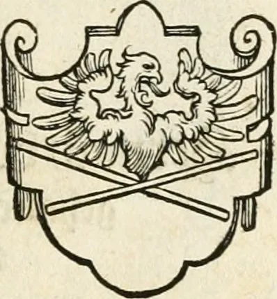 An illustration from Thurnier Buch : von Anfang, Vrsachen, Vrsprung vnd Herkommen der Thurnier im Heyligen Römischen Reich Teutscher Nation, wie viel offentlicher Landthurnier von Keyser Heinrich dem Ersten dieses Namens an biss auff den jetztregierenden Keyser Maximilian den Andern ... vnd in welchen Stetten die alle gehalten ... Alles jetzunder von neuwem zusammen getragen, mit schönen neuwen Figuren, sonderlich auch der adelischen Wappen, auffs schönest zugericht .., 1566, leaf 408