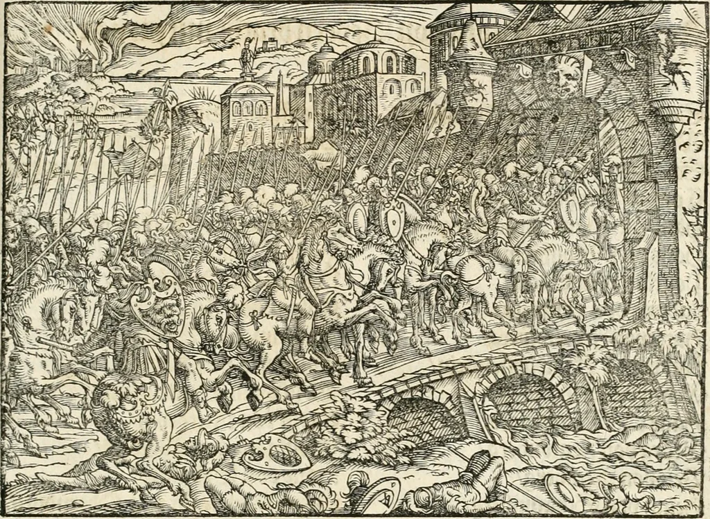 An illustration from Thurnier Buch : von Anfang, Vrsachen, Vrsprung vnd Herkommen der Thurnier im Heyligen Römischen Reich Teutscher Nation, wie viel offentlicher Landthurnier von Keyser Heinrich dem Ersten dieses Namens an biss auff den jetztregierenden Keyser Maximilian den Andern ... vnd in welchen Stetten die alle gehalten ... Alles jetzunder von neuwem zusammen getragen, mit schönen neuwen Figuren, sonderlich auch der adelischen Wappen, auffs schönest zugericht .., 1566, leaf 410