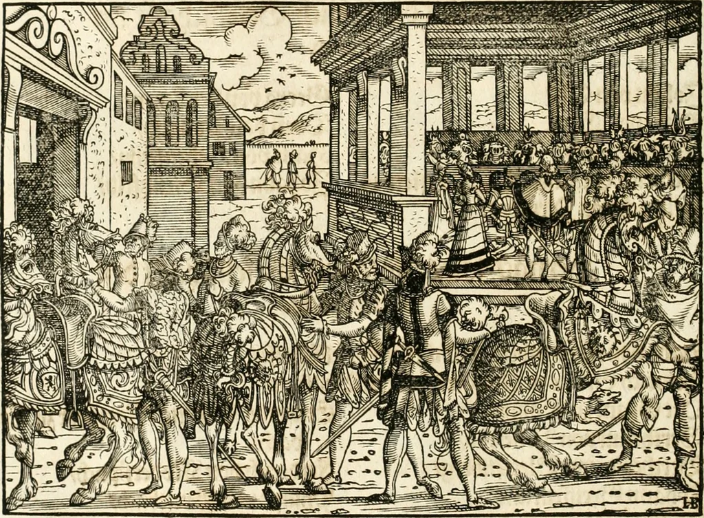 An illustration from Thurnier Buch : von Anfang, Vrsachen, Vrsprung vnd Herkommen der Thurnier im Heyligen Römischen Reich Teutscher Nation, wie viel offentlicher Landthurnier von Keyser Heinrich dem Ersten dieses Namens an biss auff den jetztregierenden Keyser Maximilian den Andern ... vnd in welchen Stetten die alle gehalten ... Alles jetzunder von neuwem zusammen getragen, mit schönen neuwen Figuren, sonderlich auch der adelischen Wappen, auffs schönest zugericht .., 1566, leaf 417