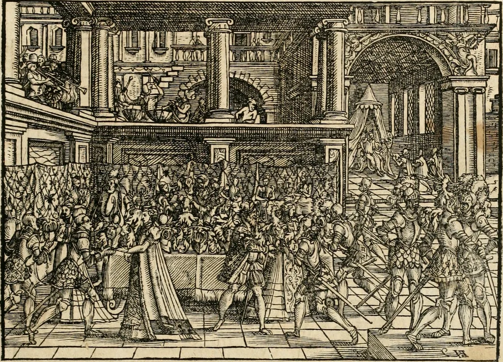An illustration from Thurnier Buch : von Anfang, Vrsachen, Vrsprung vnd Herkommen der Thurnier im Heyligen Römischen Reich Teutscher Nation, wie viel offentlicher Landthurnier von Keyser Heinrich dem Ersten dieses Namens an biss auff den jetztregierenden Keyser Maximilian den Andern ... vnd in welchen Stetten die alle gehalten ... Alles jetzunder von neuwem zusammen getragen, mit schönen neuwen Figuren, sonderlich auch der adelischen Wappen, auffs schönest zugericht .., 1566, leaf 42