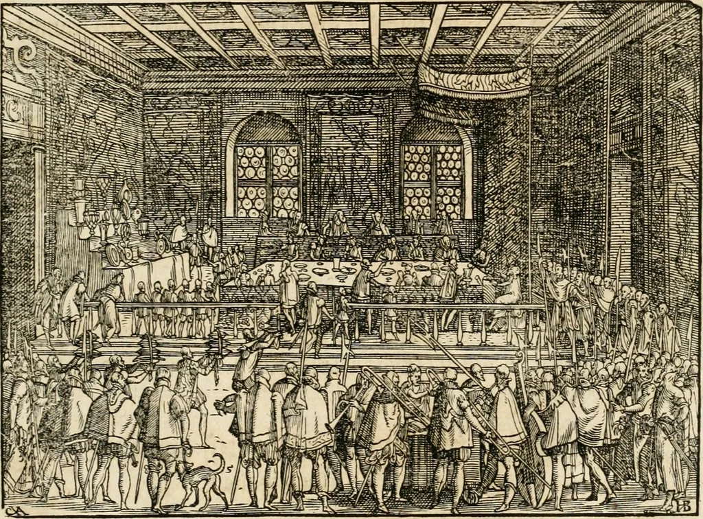 An illustration from Thurnier Buch : von Anfang, Vrsachen, Vrsprung vnd Herkommen der Thurnier im Heyligen Römischen Reich Teutscher Nation, wie viel offentlicher Landthurnier von Keyser Heinrich dem Ersten dieses Namens an biss auff den jetztregierenden Keyser Maximilian den Andern ... vnd in welchen Stetten die alle gehalten ... Alles jetzunder von neuwem zusammen getragen, mit schönen neuwen Figuren, sonderlich auch der adelischen Wappen, auffs schönest zugericht .., 1566, leaf 428