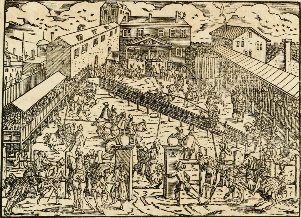 An illustration from Thurnier Buch : von Anfang, Vrsachen, Vrsprung vnd Herkommen der Thurnier im Heyligen Römischen Reich Teutscher Nation, wie viel offentlicher Landthurnier von Keyser Heinrich dem Ersten dieses Namens an biss auff den jetztregierenden Keyser Maximilian den Andern ... vnd in welchen Stetten die alle gehalten ... Alles jetzunder von neuwem zusammen getragen, mit schönen neuwen Figuren, sonderlich auch der adelischen Wappen, auffs schönest zugericht .., 1566, leaf 430
