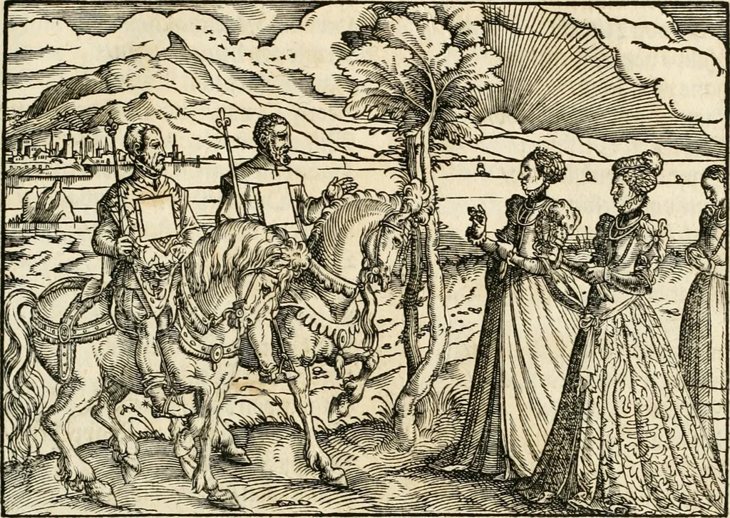 An illustration from Thurnier Buch : von Anfang, Vrsachen, Vrsprung vnd Herkommen der Thurnier im Heyligen Römischen Reich Teutscher Nation, wie viel offentlicher Landthurnier von Keyser Heinrich dem Ersten dieses Namens an biss auff den jetztregierenden Keyser Maximilian den Andern ... vnd in welchen Stetten die alle gehalten ... Alles jetzunder von neuwem zusammen getragen, mit schönen neuwen Figuren, sonderlich auch der adelischen Wappen, auffs schönest zugericht .., 1566, leaf 436