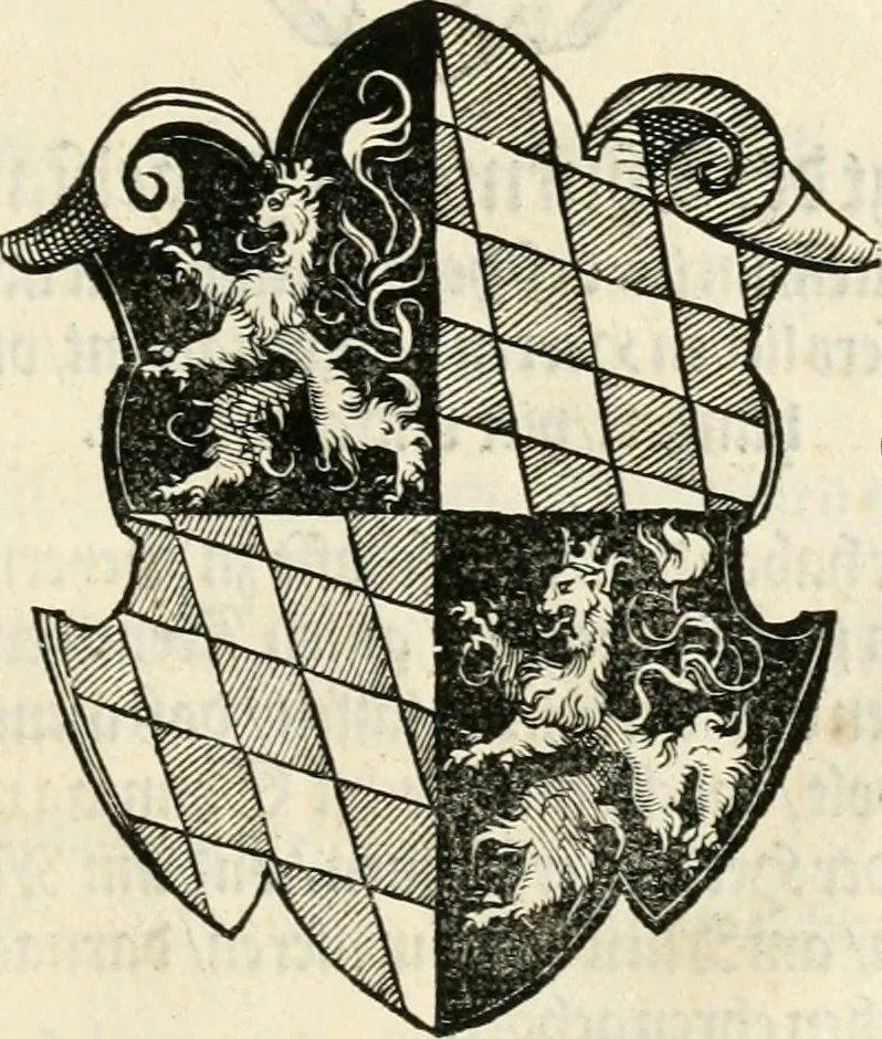 An illustration from Thurnier Buch : von Anfang, Vrsachen, Vrsprung vnd Herkommen der Thurnier im Heyligen Römischen Reich Teutscher Nation, wie viel offentlicher Landthurnier von Keyser Heinrich dem Ersten dieses Namens an biss auff den jetztregierenden Keyser Maximilian den Andern ... vnd in welchen Stetten die alle gehalten ... Alles jetzunder von neuwem zusammen getragen, mit schönen neuwen Figuren, sonderlich auch der adelischen Wappen, auffs schönest zugericht .., 1566, leaf 446