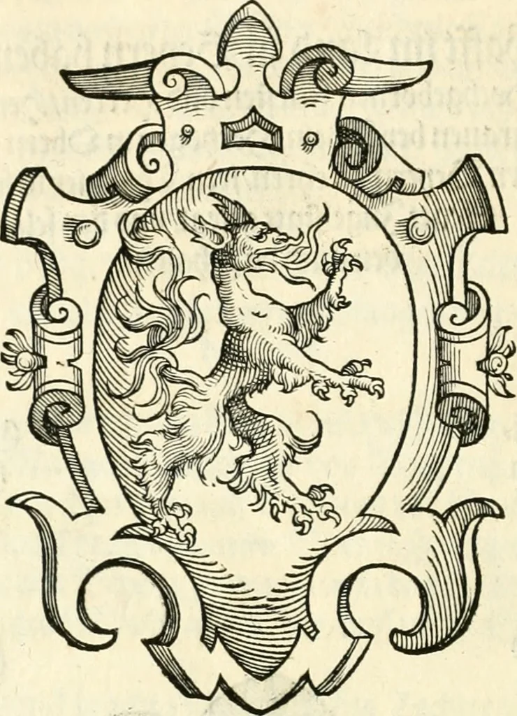 An illustration from Thurnier Buch : von Anfang, Vrsachen, Vrsprung vnd Herkommen der Thurnier im Heyligen Römischen Reich Teutscher Nation, wie viel offentlicher Landthurnier von Keyser Heinrich dem Ersten dieses Namens an biss auff den jetztregierenden Keyser Maximilian den Andern ... vnd in welchen Stetten die alle gehalten ... Alles jetzunder von neuwem zusammen getragen, mit schönen neuwen Figuren, sonderlich auch der adelischen Wappen, auffs schönest zugericht .., 1566, leaf 447