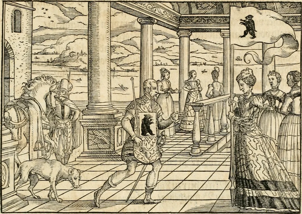 An illustration from Thurnier Buch : von Anfang, Vrsachen, Vrsprung vnd Herkommen der Thurnier im Heyligen Römischen Reich Teutscher Nation, wie viel offentlicher Landthurnier von Keyser Heinrich dem Ersten dieses Namens an biss auff den jetztregierenden Keyser Maximilian den Andern ... vnd in welchen Stetten die alle gehalten ... Alles jetzunder von neuwem zusammen getragen, mit schönen neuwen Figuren, sonderlich auch der adelischen Wappen, auffs schönest zugericht .., 1566, leaf 458
