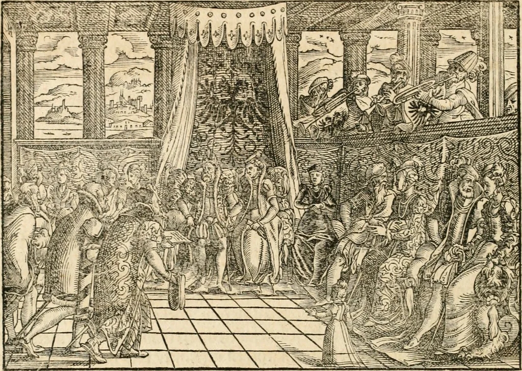 An illustration from Thurnier Buch : von Anfang, Vrsachen, Vrsprung vnd Herkommen der Thurnier im Heyligen Römischen Reich Teutscher Nation, wie viel offentlicher Landthurnier von Keyser Heinrich dem Ersten dieses Namens an biss auff den jetztregierenden Keyser Maximilian den Andern ... vnd in welchen Stetten die alle gehalten ... Alles jetzunder von neuwem zusammen getragen, mit schönen neuwen Figuren, sonderlich auch der adelischen Wappen, auffs schönest zugericht .., 1566, leaf 47