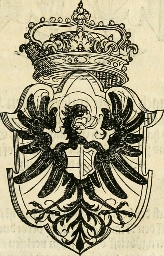 An illustration from Thurnier Buch : von Anfang, Vrsachen, Vrsprung vnd Herkommen der Thurnier im Heyligen Römischen Reich Teutscher Nation, wie viel offentlicher Landthurnier von Keyser Heinrich dem Ersten dieses Namens an biss auff den jetztregierenden Keyser Maximilian den Andern ... vnd in welchen Stetten die alle gehalten ... Alles jetzunder von neuwem zusammen getragen, mit schönen neuwen Figuren, sonderlich auch der adelischen Wappen, auffs schönest zugericht .., 1566, leaf 472
