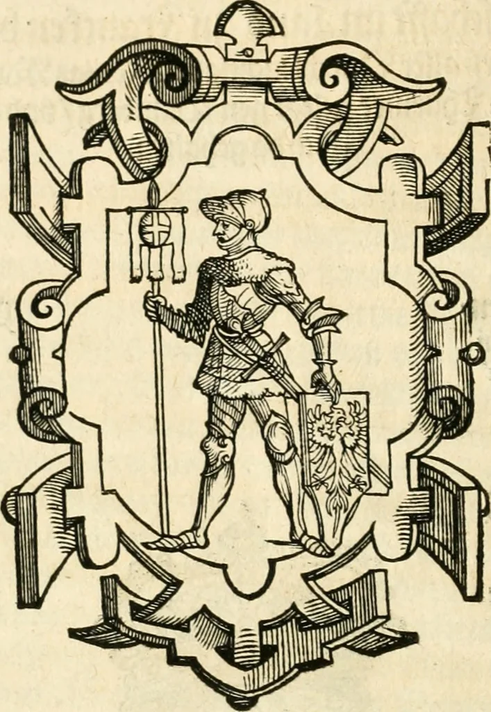 An illustration from Thurnier Buch : von Anfang, Vrsachen, Vrsprung vnd Herkommen der Thurnier im Heyligen Römischen Reich Teutscher Nation, wie viel offentlicher Landthurnier von Keyser Heinrich dem Ersten dieses Namens an biss auff den jetztregierenden Keyser Maximilian den Andern ... vnd in welchen Stetten die alle gehalten ... Alles jetzunder von neuwem zusammen getragen, mit schönen neuwen Figuren, sonderlich auch der adelischen Wappen, auffs schönest zugericht .., 1566, leaf 473
