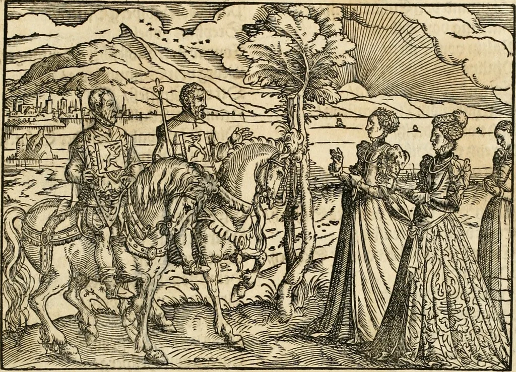 An illustration from Thurnier Buch : von Anfang, Vrsachen, Vrsprung vnd Herkommen der Thurnier im Heyligen Römischen Reich Teutscher Nation, wie viel offentlicher Landthurnier von Keyser Heinrich dem Ersten dieses Namens an biss auff den jetztregierenden Keyser Maximilian den Andern ... vnd in welchen Stetten die alle gehalten ... Alles jetzunder von neuwem zusammen getragen, mit schönen neuwen Figuren, sonderlich auch der adelischen Wappen, auffs schönest zugericht .., 1566, leaf 476