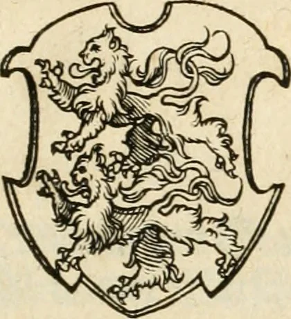 An illustration from Thurnier Buch : von Anfang, Vrsachen, Vrsprung vnd Herkommen der Thurnier im Heyligen Römischen Reich Teutscher Nation, wie viel offentlicher Landthurnier von Keyser Heinrich dem Ersten dieses Namens an biss auff den jetztregierenden Keyser Maximilian den Andern ... vnd in welchen Stetten die alle gehalten ... Alles jetzunder von neuwem zusammen getragen, mit schönen neuwen Figuren, sonderlich auch der adelischen Wappen, auffs schönest zugericht .., 1566, leaf 486