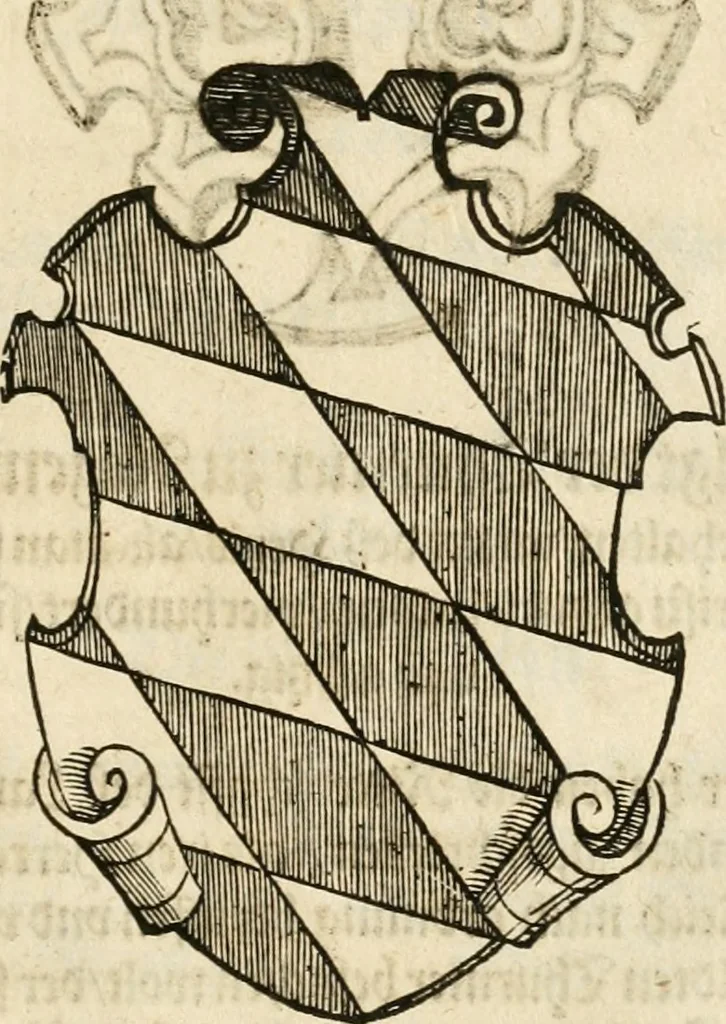 An illustration from Thurnier Buch : von Anfang, Vrsachen, Vrsprung vnd Herkommen der Thurnier im Heyligen Römischen Reich Teutscher Nation, wie viel offentlicher Landthurnier von Keyser Heinrich dem Ersten dieses Namens an biss auff den jetztregierenden Keyser Maximilian den Andern ... vnd in welchen Stetten die alle gehalten ... Alles jetzunder von neuwem zusammen getragen, mit schönen neuwen Figuren, sonderlich auch der adelischen Wappen, auffs schönest zugericht .., 1566, leaf 486