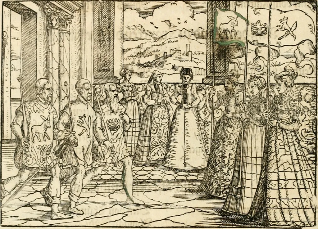 An illustration from Thurnier Buch : von Anfang, Vrsachen, Vrsprung vnd Herkommen der Thurnier im Heyligen Römischen Reich Teutscher Nation, wie viel offentlicher Landthurnier von Keyser Heinrich dem Ersten dieses Namens an biss auff den jetztregierenden Keyser Maximilian den Andern ... vnd in welchen Stetten die alle gehalten ... Alles jetzunder von neuwem zusammen getragen, mit schönen neuwen Figuren, sonderlich auch der adelischen Wappen, auffs schönest zugericht .., 1566, leaf 499